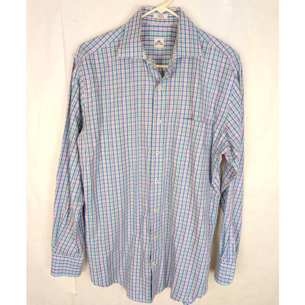 Peter Millar blue plaid long sleeve button up shirt Size Medium Preppy Classic - Picture 1 of 6